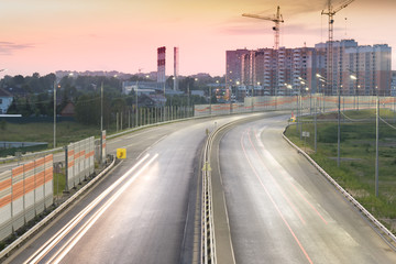 Night Zvenigorod city road. It is a part of Moscow Central Ring Road.