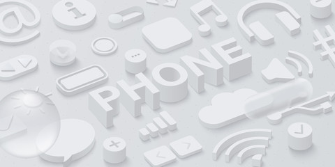 Grey 3d phone background with web symbols.