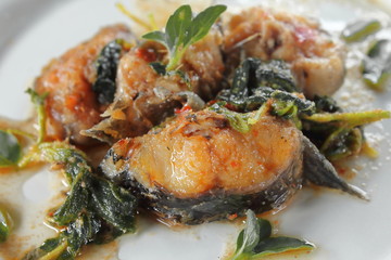 Spicy Fried Catfish with basil food in thai