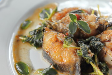 Spicy Fried Catfish with basil food in thai