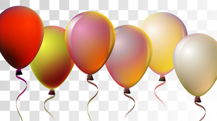 Bright Realistic Helium Vector Balloons Flying. Happy Birthday, New Year Party Ornament. Neon Modern Holidays Decoration, Air Helium Balloons. Celebration, Music Poster Discount Card Cool Design. © graficanto