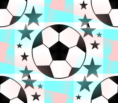 Seamless pattern with a soccer ball and five-pointed stars in a bright  translucent colors. 