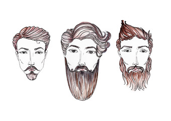 Hand drawn portrait of three bearded men.