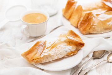 portuguese sweet dessert with cup of coffee
