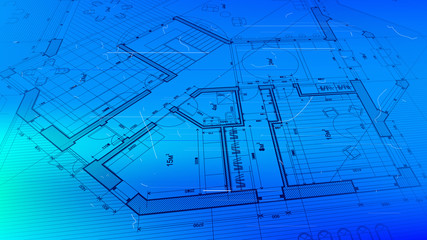 architectural blueprint - the architectural plan of a modern residential building with the layout of the interiors of different rooms, elements of furniture & equipment on a  technological background