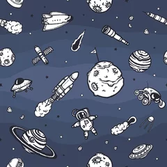 Gordijnen Hand getrokken astronomie doodle naadloze patroon. © awesomedwarf