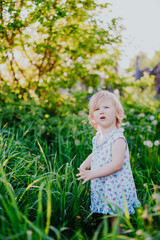 Little girl standing in a park in a thicket of grass. In the background, the sun shines through the trees