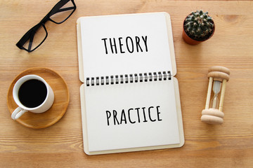 top view image of table with open notebook and the text new mindset new results. success and...