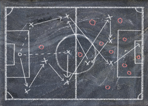 Soccer strategy tactics drawing, scribble on black board