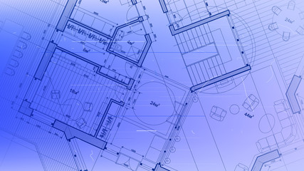 architectural blueprint - the architectural plan of a modern residential building with the layout of the interiors of different rooms, elements of furniture & equipment on a  technological background