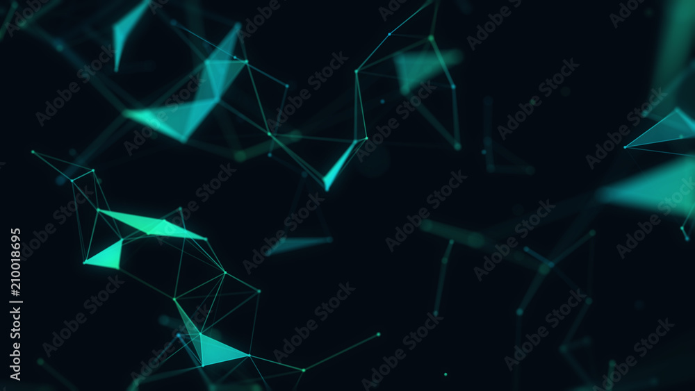 Poster Abstract 3d technology futuristic geometrical and science neon background. Plexus digital wallpaper. Business concept. Medical structure and artificial intelligence. Rendering computer virtual reality