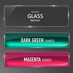 Glass plates set. Vector glass banners on transparent background.