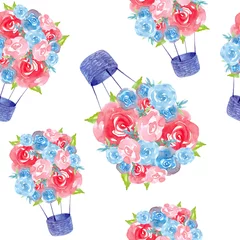 Papier peint Animaux avec ballon modèle sans couture avec un ballon aquarelle et des fleurs roses et bleues