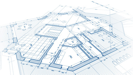 architectural blueprint - the architectural plan of a modern residential building with the layout of the interiors of different rooms, elements of furniture & equipment on a  technological background - obrazy, fototapety, plakaty