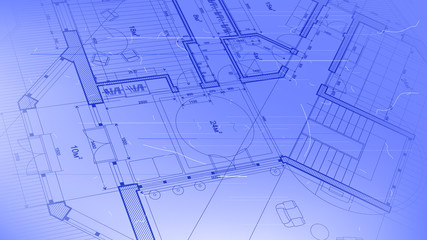 architectural blueprint - the architectural plan of a modern residential building with the layout of the interiors of different rooms, elements of furniture & equipment on a  technological background