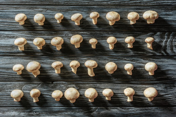 top view of raw champignon mushrooms in rows on wooden surface