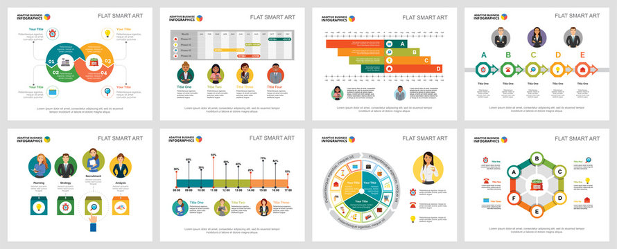 Colorful economy or research concept infographic charts set. Business design elements for presentation slide templates. For corporate report, advertising, leaflet layout and poster design.