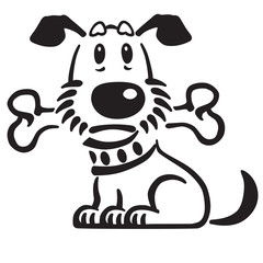cartoon puppy dog with a bone in his mouth . Black and white vector illustration. Logo, emblem , icon