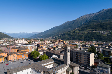 Fototapeta na wymiar Holidays in Valtellina. City of Morbegno. Aerial shot