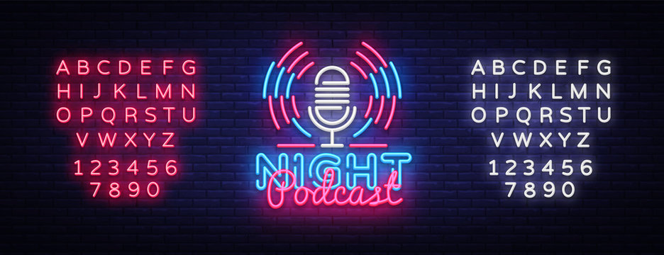Podcast neon sign vector. Night Podcast Design template neon sign, light banner, neon signboard, nightly bright advertising, light inscription. Vector illustration. Editing text neon sign