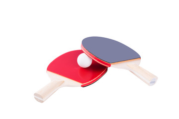 Table Tennis. Close-up of ping pong bats with a ball isolated on white background