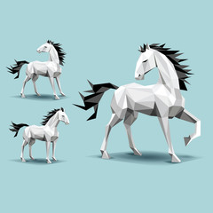 Obraz na płótnie Canvas three white horses, low polygon shapes, on teal background, standing, leg up, shadows, looking back vector