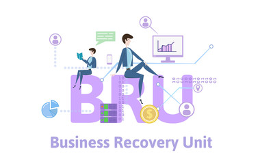 BRU, Business recovery unit. Concept with keywords, letters and icons. Colored flat vector illustration on white background.