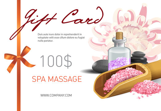 Gift card, spa massage lettering and accessories composition. Spa salon gift voucher design. Handwritten and typed text, calligraphy. For leaflets, flyers, gift cards and vouchers.