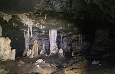 Stalactites and stalagmites in Tham Phu Wai, Cave in Thailand