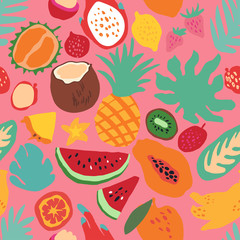 Minimal summer trendy vector tile seamless pattern in scandinavian style. Exotic fruit slice, palm leaf. Textile fabric swimwear graphic design for print isolated on white.