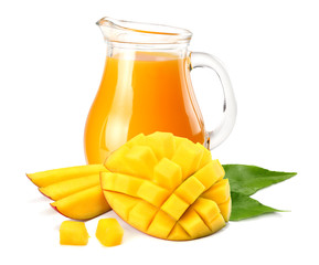 mango juice with mango slice isolated on white background. jug of mango juice.