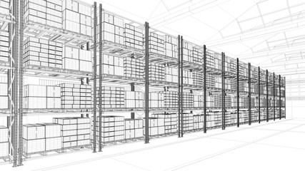 CAD Entwurf von Lagerhaus mit Regalen