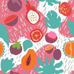 Minimal summer trendy vector tile seamless pattern in scandinavian style. Exotic fruit slice, plant leaf and abstract elements. Textile fabric swimwear graphic design for print isolated on white.