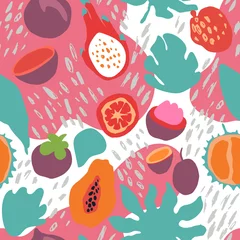 Fototapeten Minimal summer trendy vector tile seamless pattern in scandinavian style. Exotic fruit slice, plant leaf and abstract elements. Textile fabric swimwear graphic design for print isolated on white. © stournsaeh