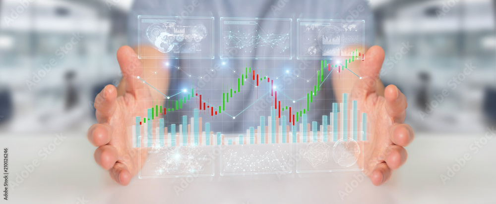 Poster Businessman using 3D rendering stock exchange datas and charts