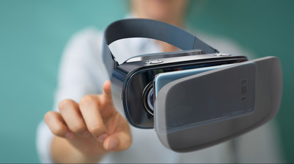 Businesswoman using virtual reality glasses technology 3D rendering