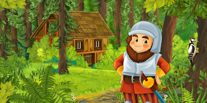 cartoon scene with happy dwarf in the forest near the wooden house - illustration for children