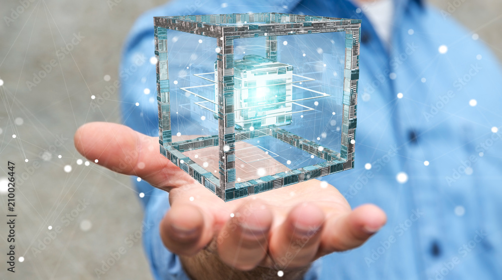 Poster businessman using futuristic cube textured object 3d rendering