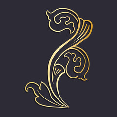 Gold Isolated plant with leaves decorations. Italian flourish baroque ornate for wedding or christmas, certificate. Yellow floral crown or golden wreath. Luxury and victorian, royal and headpiece
