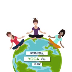 International yoga day. Girls meditation, yoga outside, relax. Earth concept. Vector illustration.
