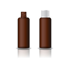 Blank brown clear cosmetic round bottle with grooved lid for beauty product packaging. Isolated on white background with reflection shadow. Ready to use for package design. Vector illustration.