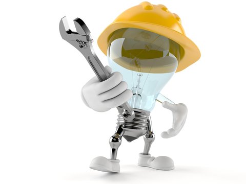 Light bulb character holding adjustable wrench