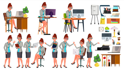 Office Worker Vector. Woman. Successful Officer, Clerk, Servant. Poses. Situations. Secretary. Business Woman Worker. Face Emotions, Various Gestures. Isolated Flat Illustration