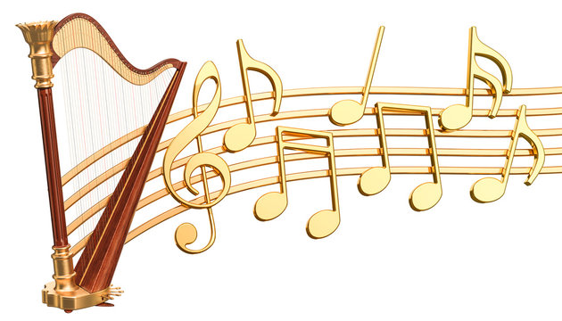 Musical concept. Harp with music notes, 3d rendering