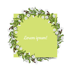 Naklejka premium White campion flowers round wreath around green square on white background. Stock vector illustration.
