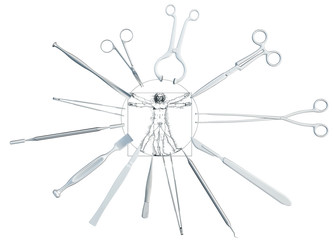 Medical surgical instruments around the image of vitruvian man-  scalpel, scissors, forceps, lancet, chisel, knife. Medicine and healthcare concept, isolated on white. 3D illustration