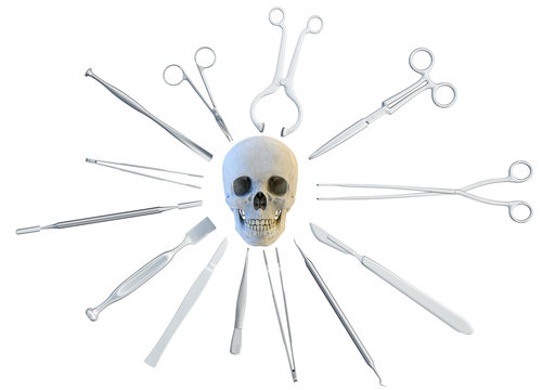 Medical surgical instruments around the human skull. 3D illustration.