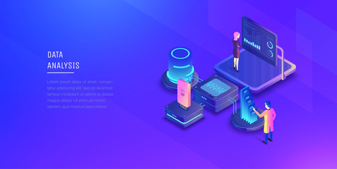 Data analysis. Experts analyze the data of the system. Data management. Monitoring of indicators. Modern vector illustration isometric style.