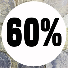 60% Percent and Discount. Shiny silver coins textures for designers. Sale Up, Special Offer. White isolated