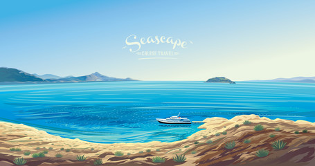 Seascape with the yacht symbolizing the marine leisure. Seashore presumably the Mediterranean. © Rustic
